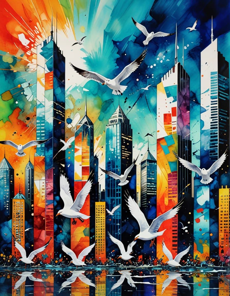 Cubist Urban Explosion With Glass Skyscrapers and Seagulls