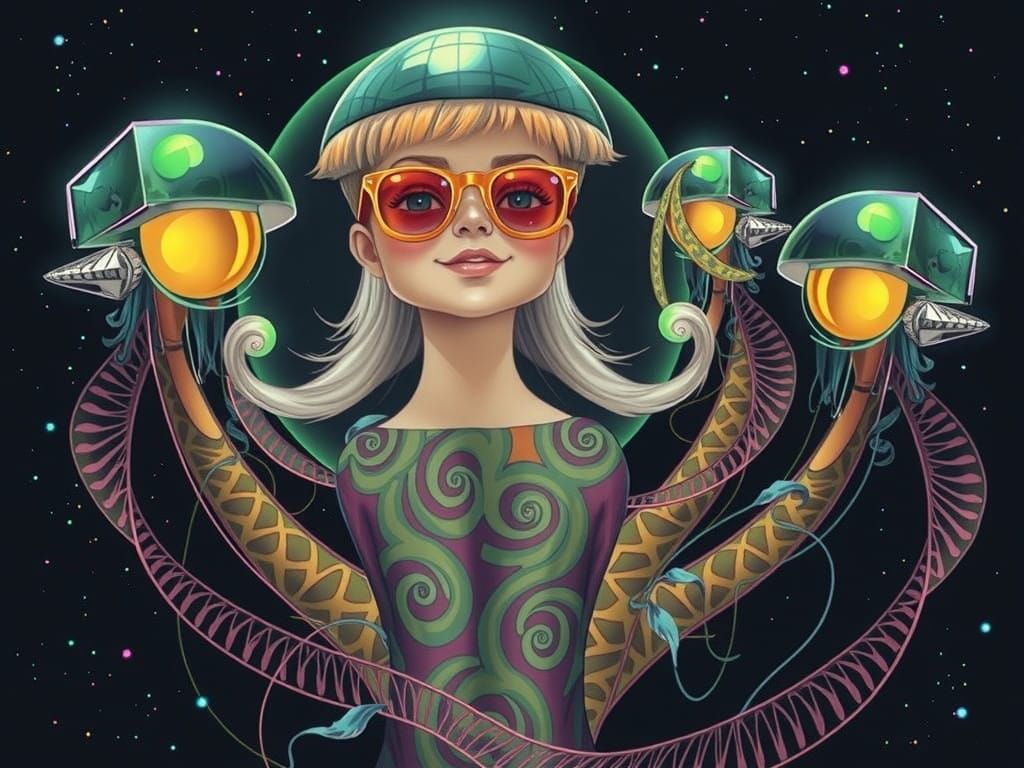 Vibrant Surrealist Artwork in Retro-Futuristic Style