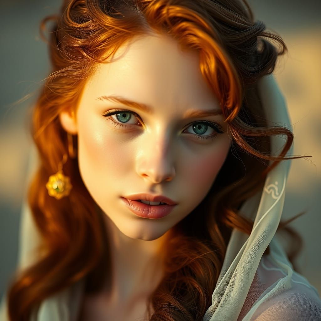 Ethereal Woman with Green Eyes in Pre-Raphaelite Style