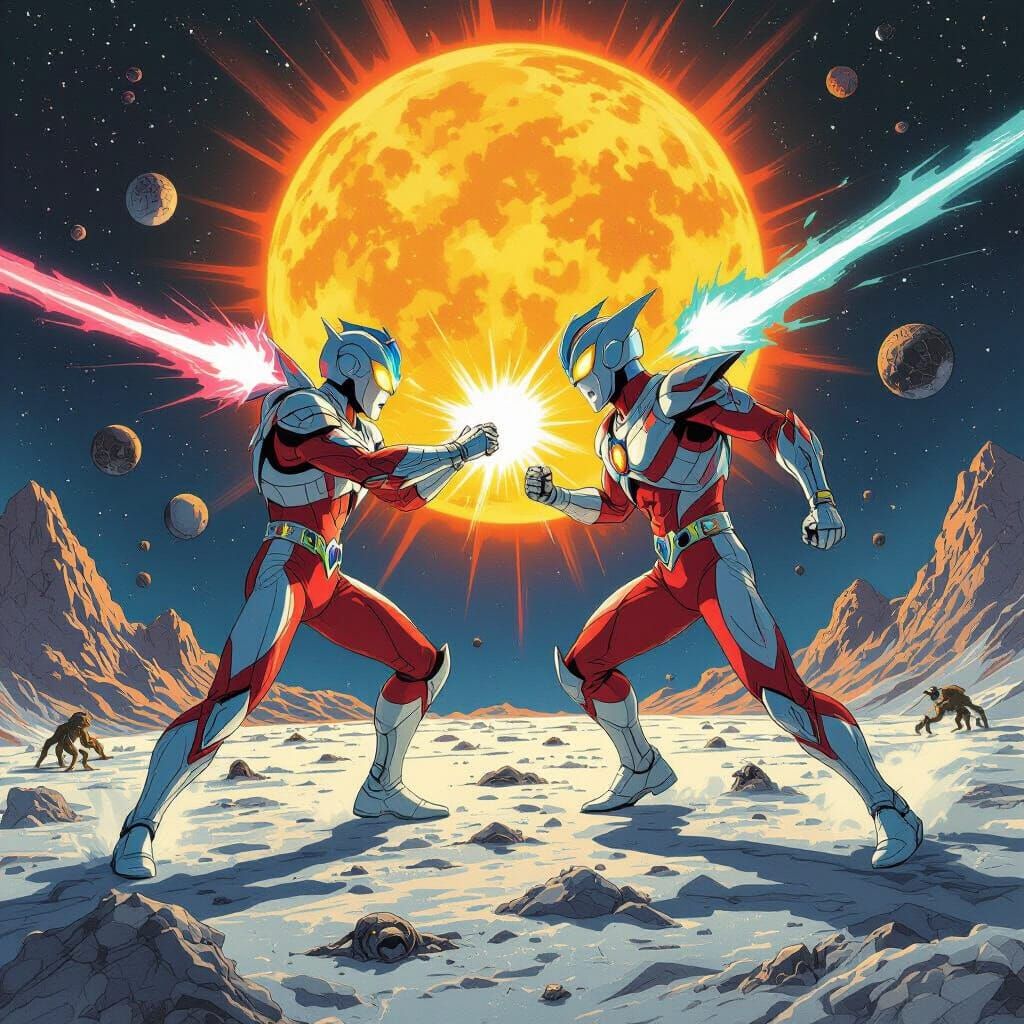Ultraman Battle on the Moon in Retro-Futuristic Style