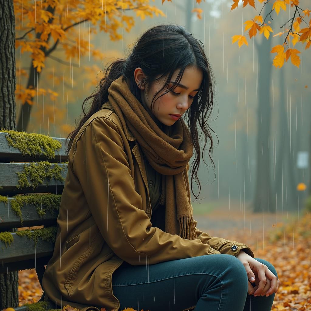 Contemplative Woman in Rainy Autumn, Watercolor Style