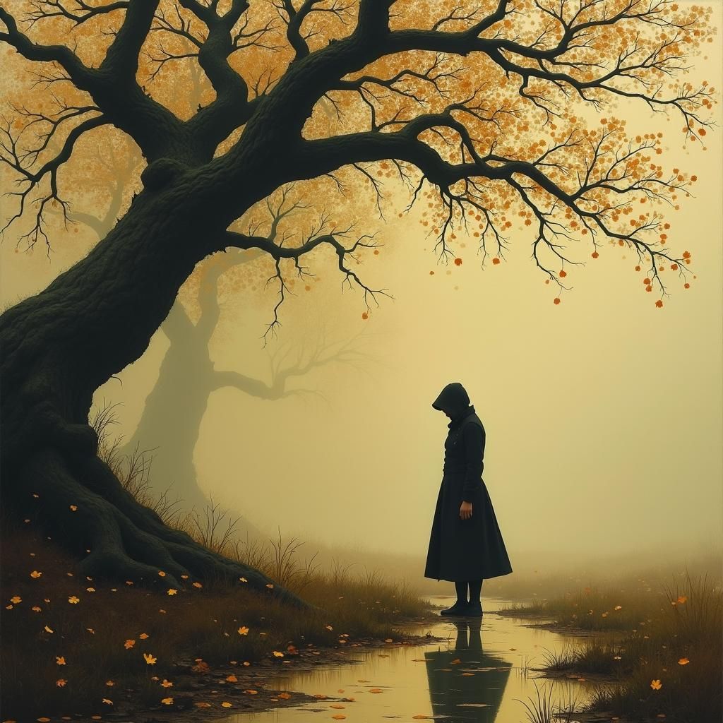 Misty Autumn Figure in Poetic Landscape