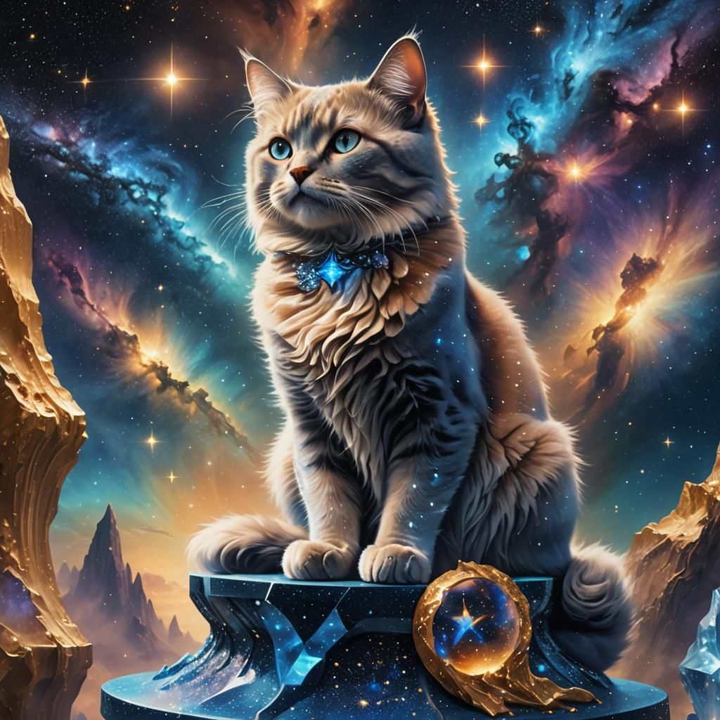 Blue Star Cat on Nebula Pedestal in Art Nouveau