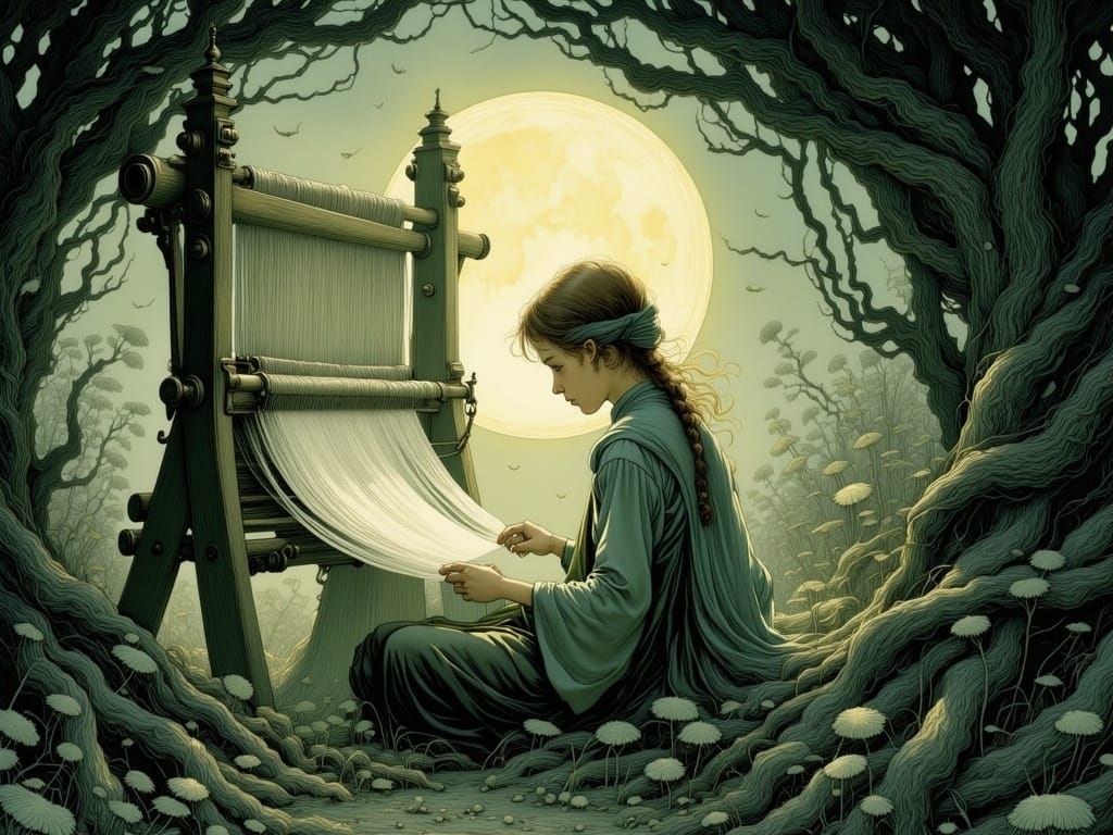 Weaver at the Loom: Dreamlike Illustration