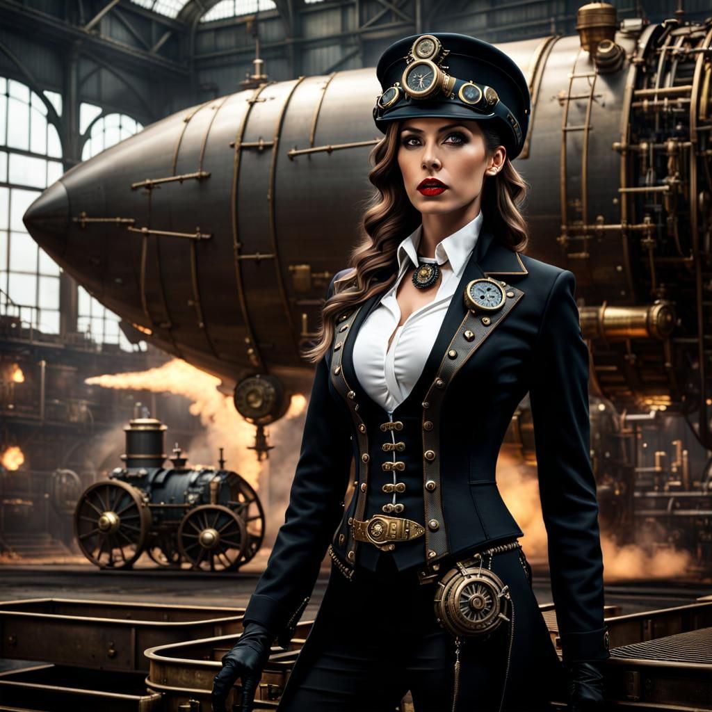 Steampunk Businesswoman in Dark Suit with Aeroplane