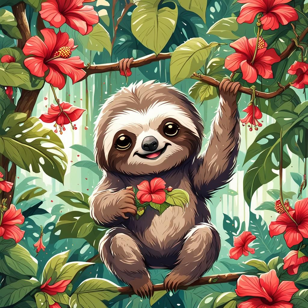 Cute Chibi Sloth Eating Hibiscus Flower