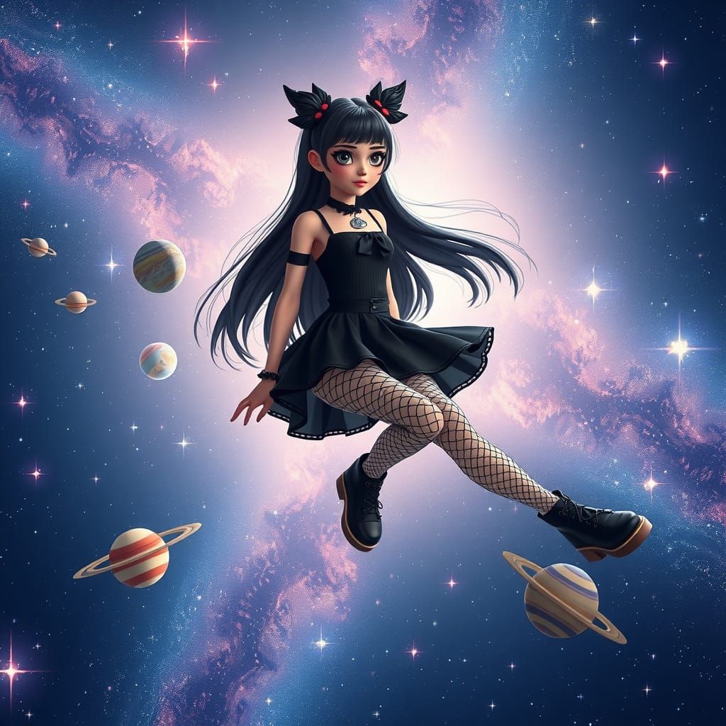 Goth Girl Soars Through Vibrant Galaxy in Whimsical, Dreamli...