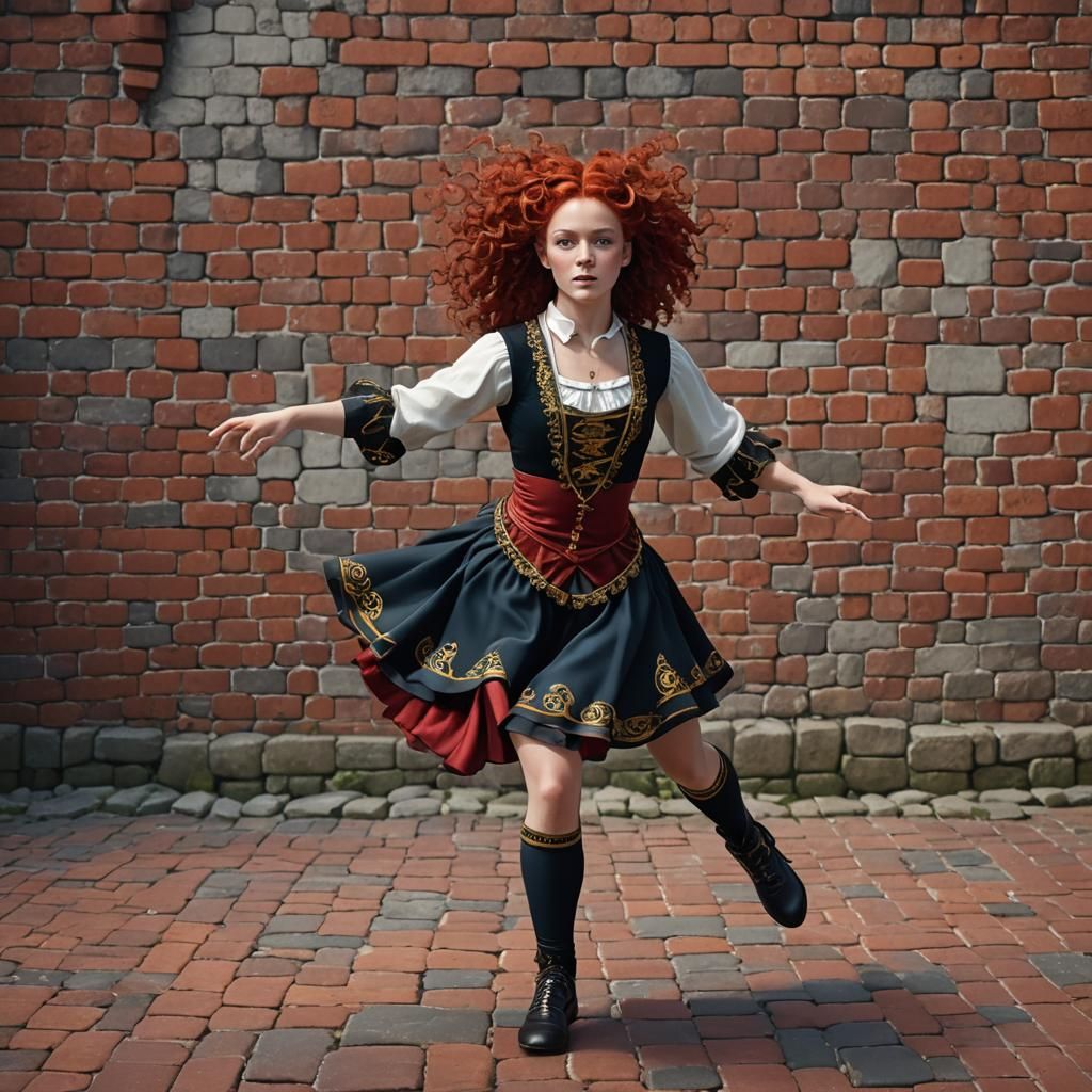 Irish dancer red curls, bricks and tiles