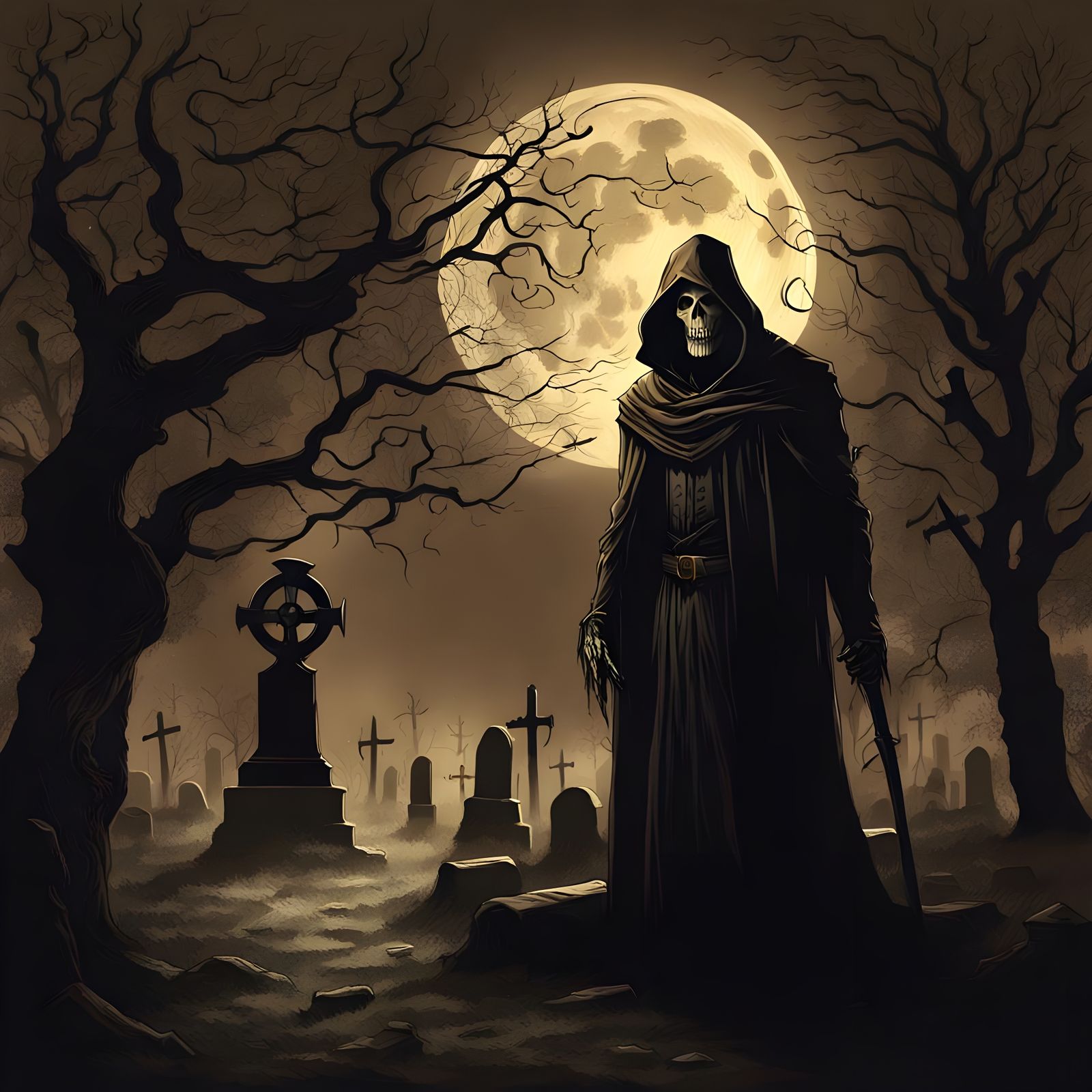 Sepia Grim Reaper in Gloomy Graveyard