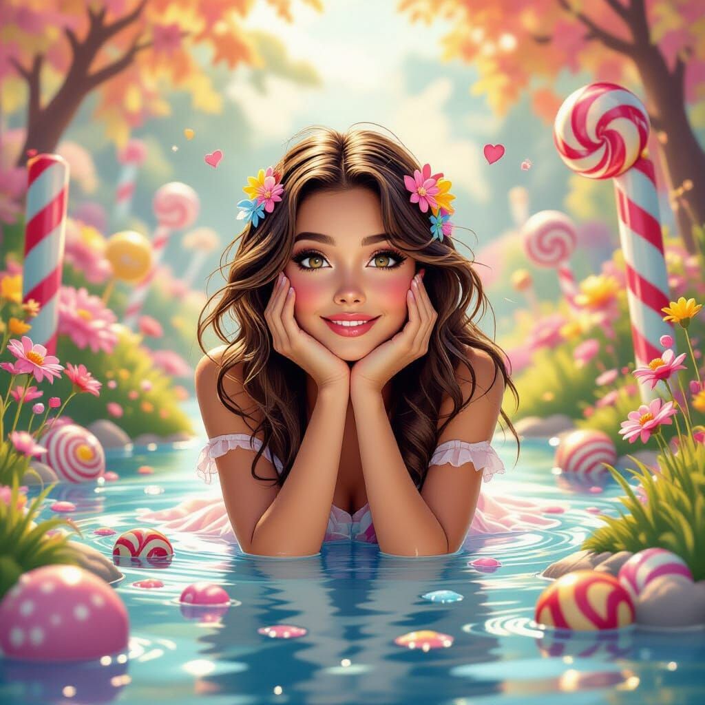 Girl Dreams of Love in Whimsical Candy Art Style