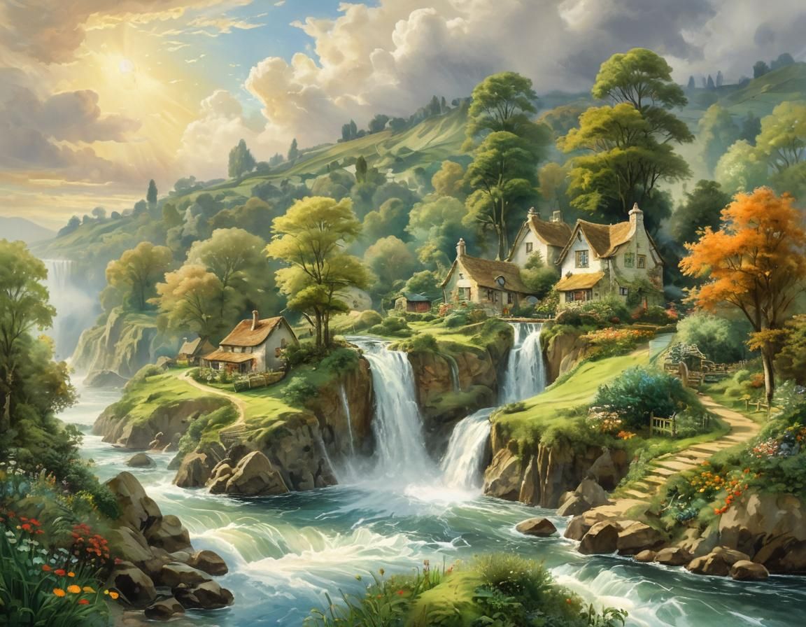 Watercolour Fantasy Landscape with Waterfalls and Sailboats