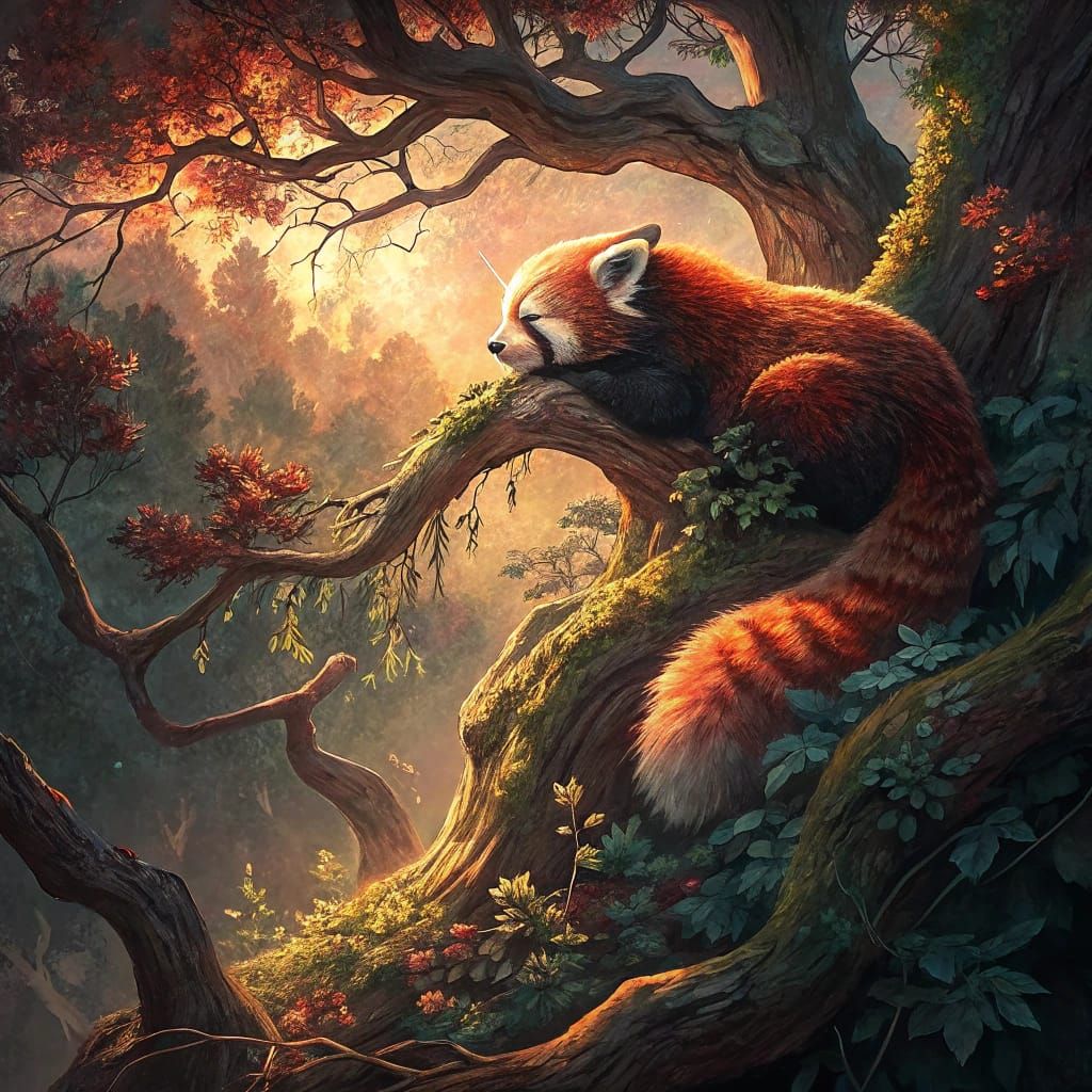 Serenely Lit Red Panda Amidst Ancient Tree