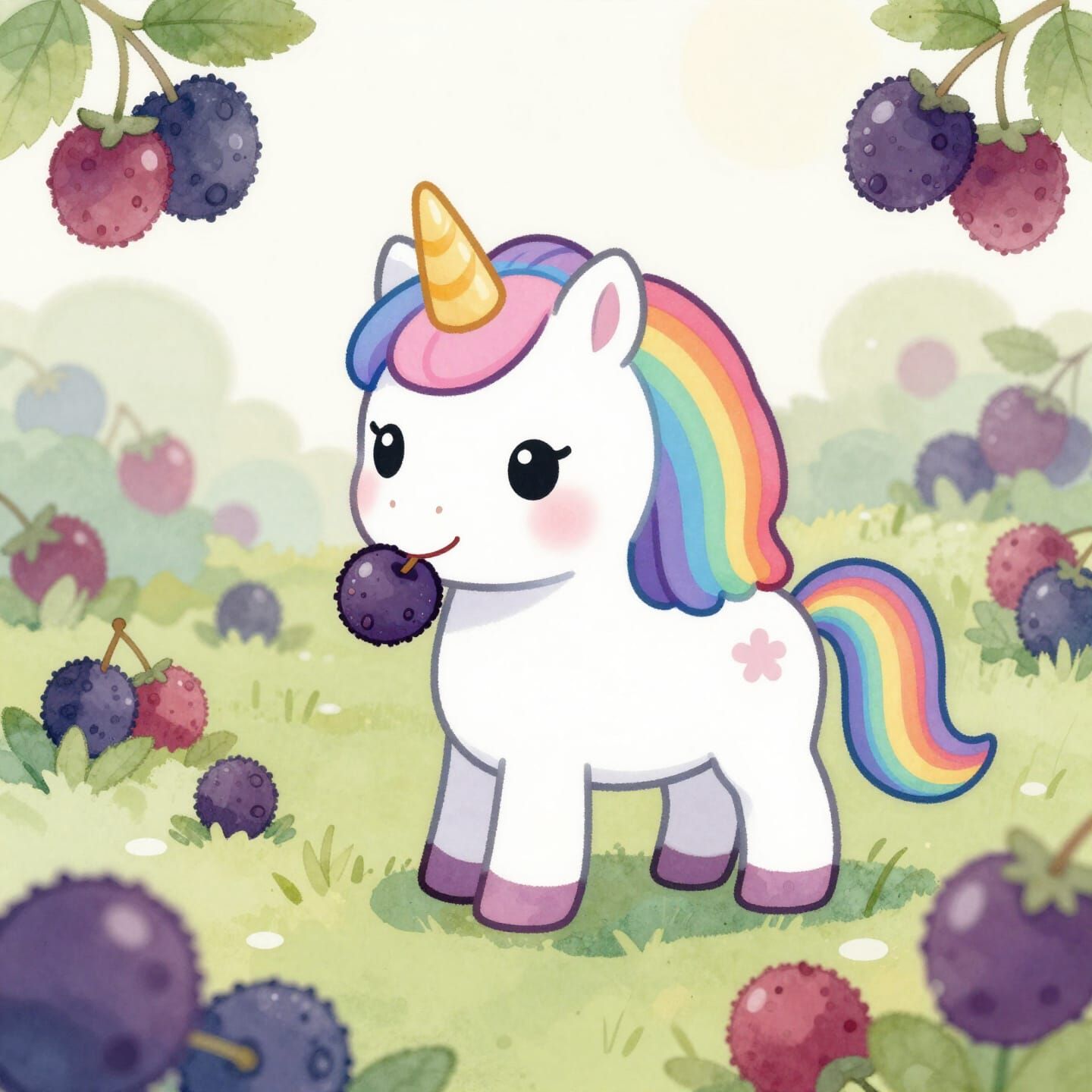 Rainbow Unicorn Eating Berries in Watercolor Style
