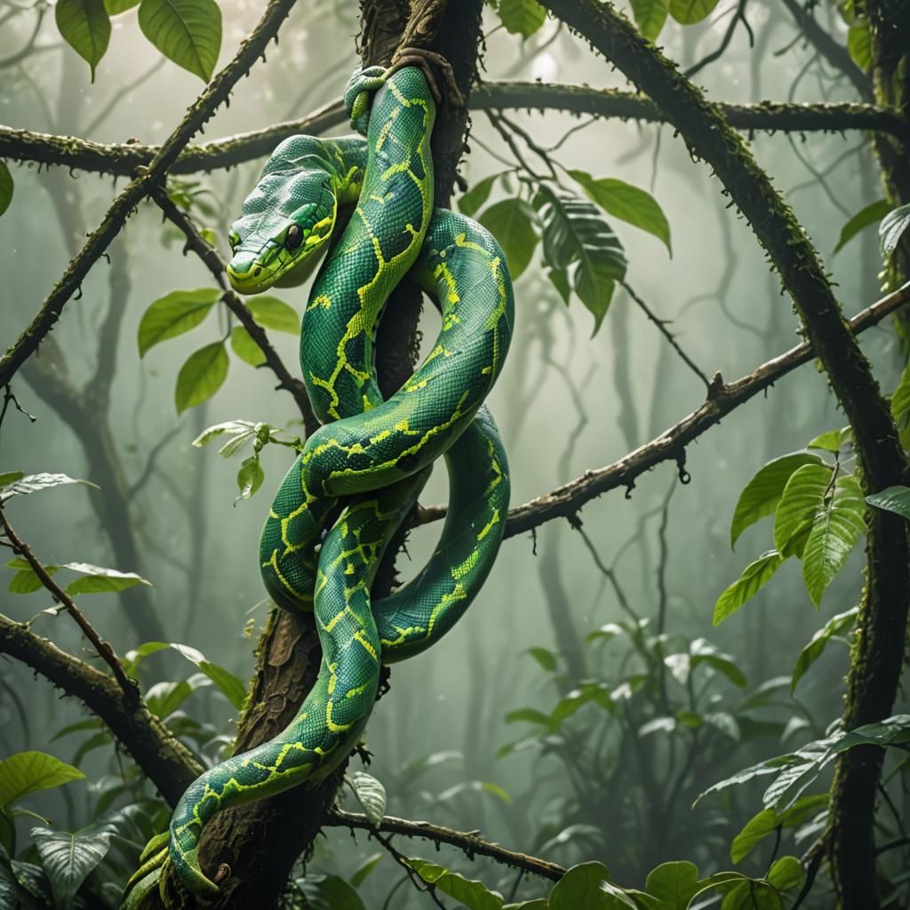 Green Tree Python in Misty Rainforest