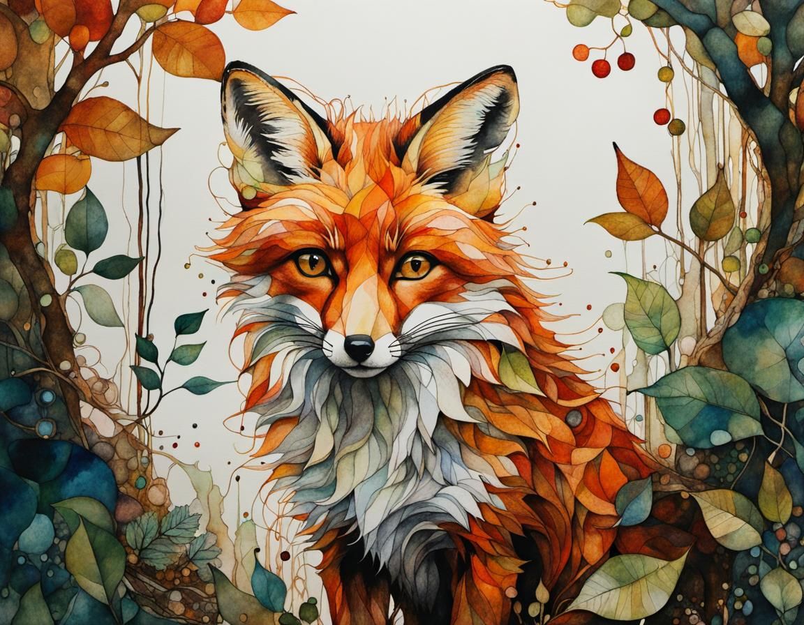 Fox in Magical Forest, Organic Line Drawing
