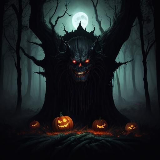 Glowing Jack-O-Lantern in Dark Fantasy Forest