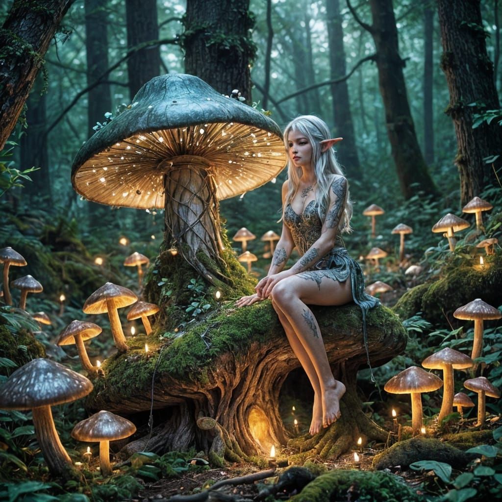Ethereal Elf on Luminous Mushroom in Enchanted Forest