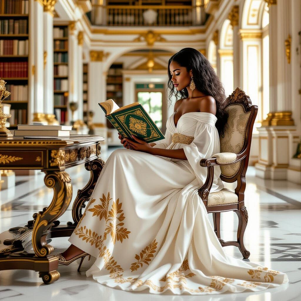 Woman Reading in Grand Greek Library