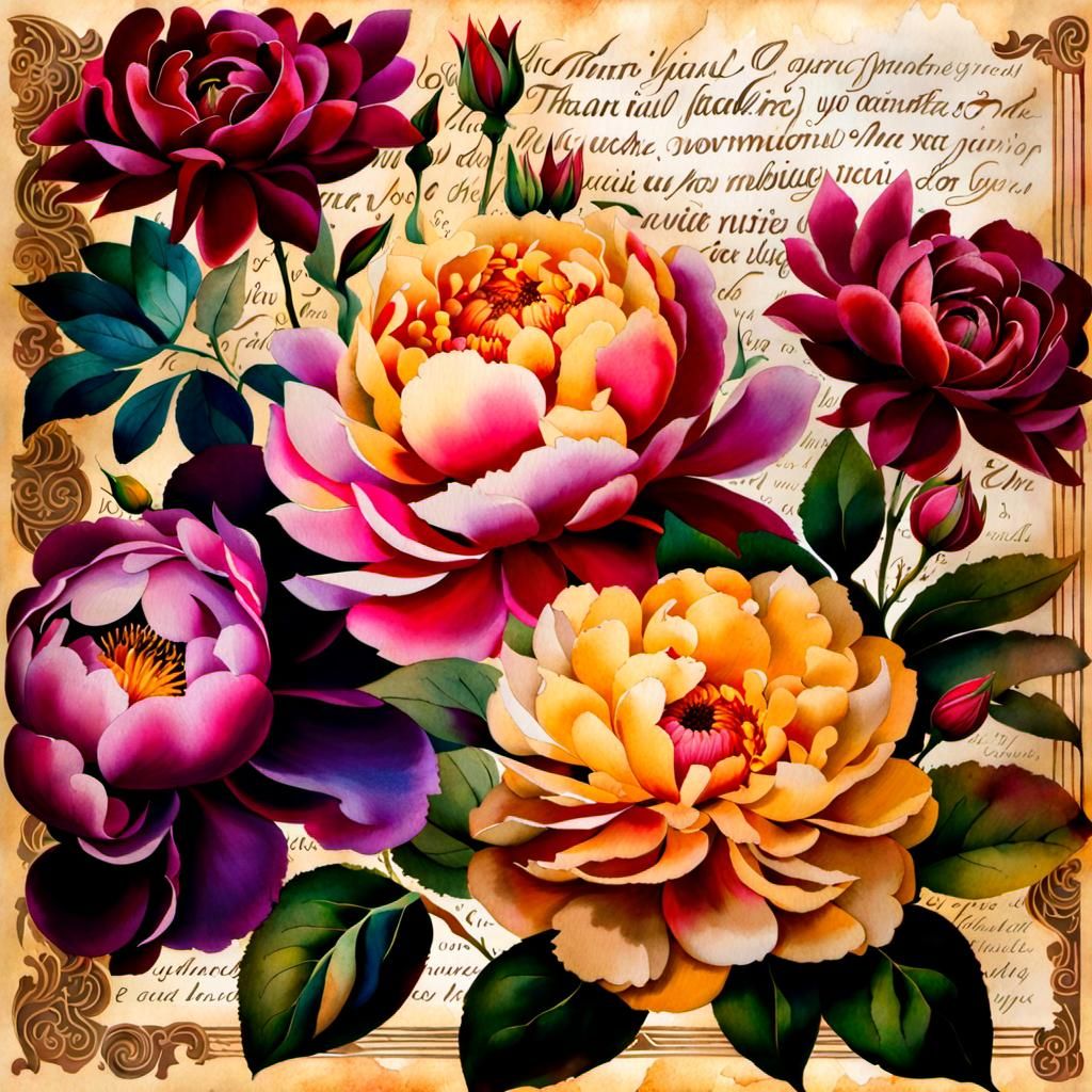 Watercolor Flowers on Vintage Paper with Gold
