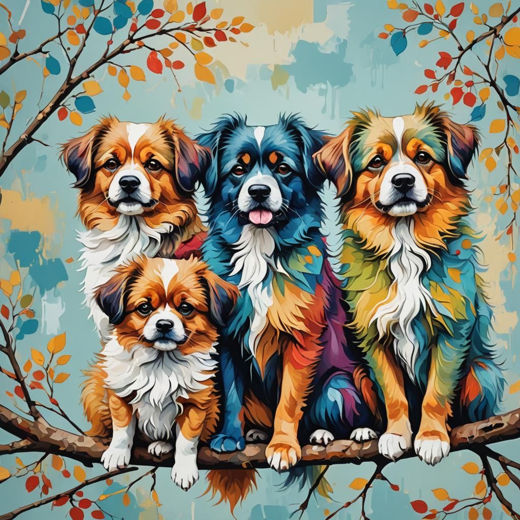 Colorful Fluffy Dogs on Branch in Abstract Art