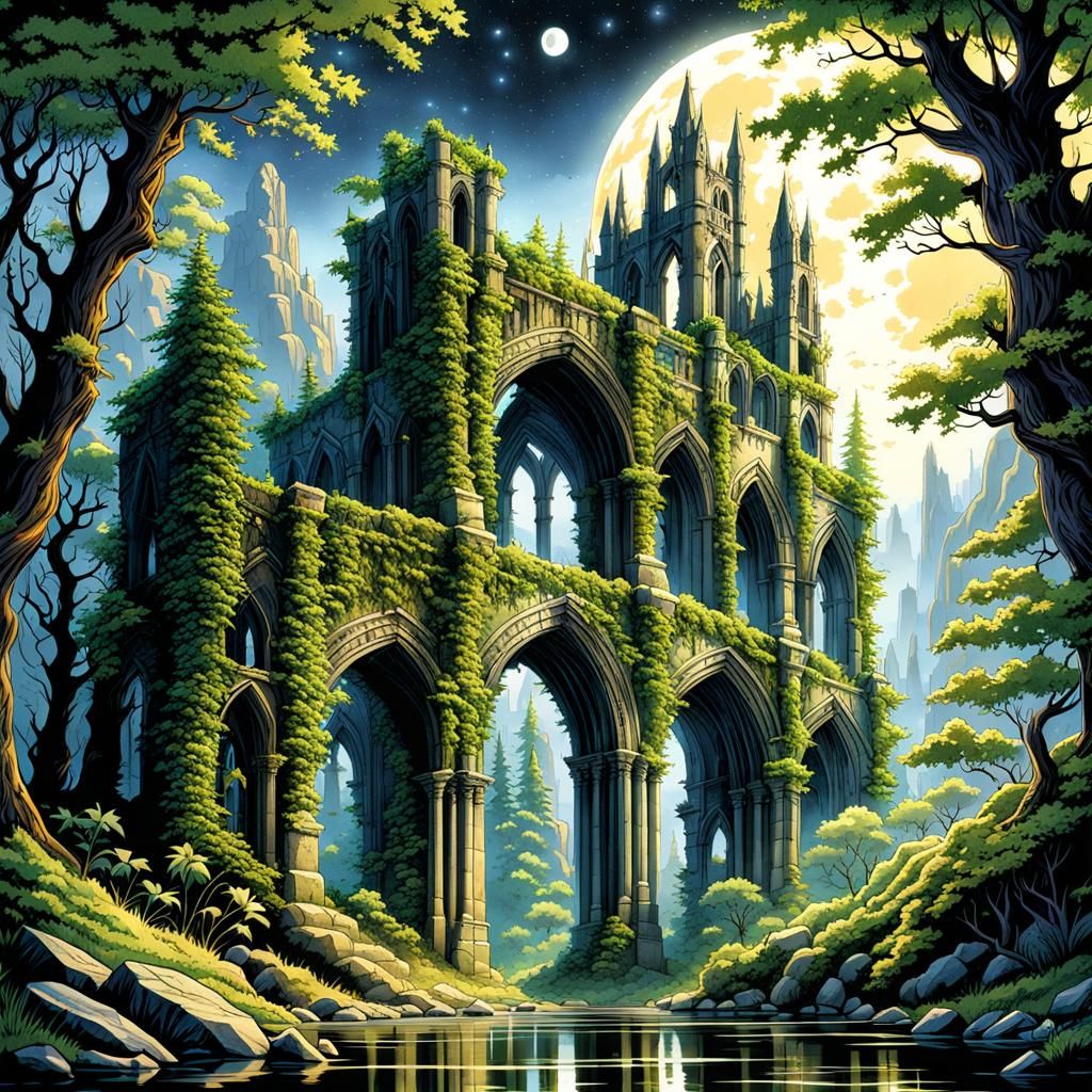 Gothic Forest Ruins in Watercolor Style