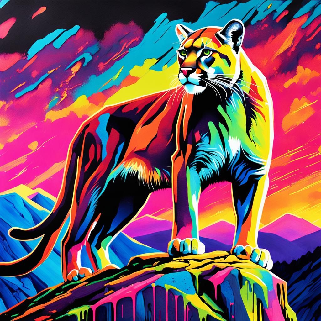 Fluorescent Graffiti Lion on Cliffside in Street Art
