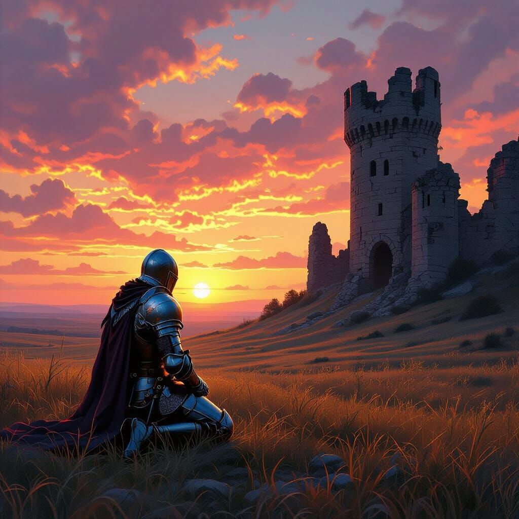 Knight Kneels at Castle Ruins Under Sunset Sky