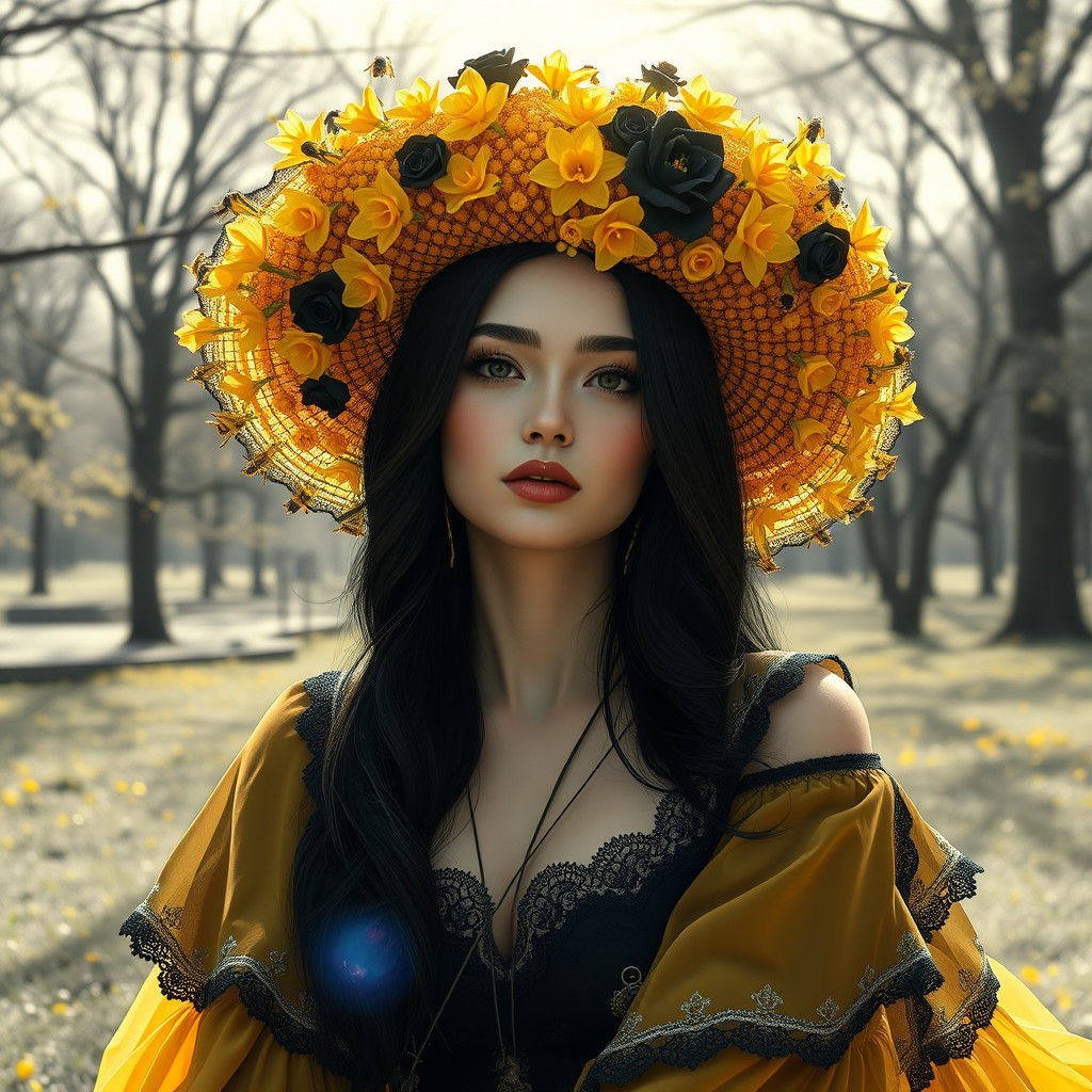 Woman with Bee Sunhat in Detailed Matte Painting Style