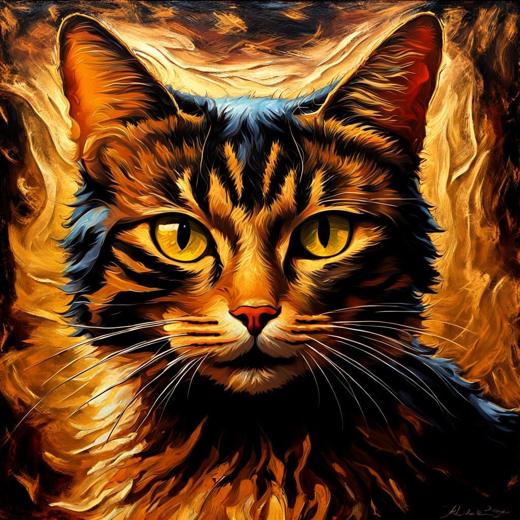 Expressionist Cat Portrait in Leather, Baroque Style