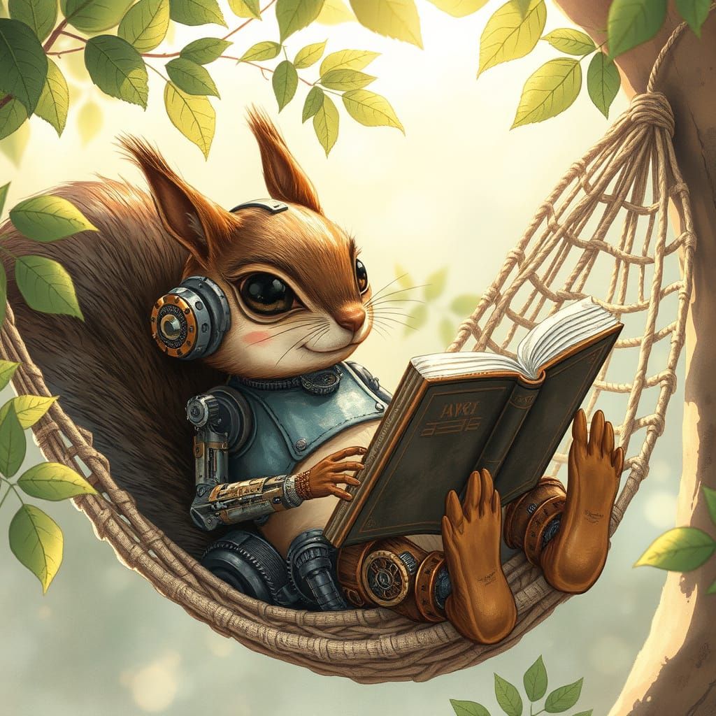 Whimsical Squirrel Robot Reads in Hammock