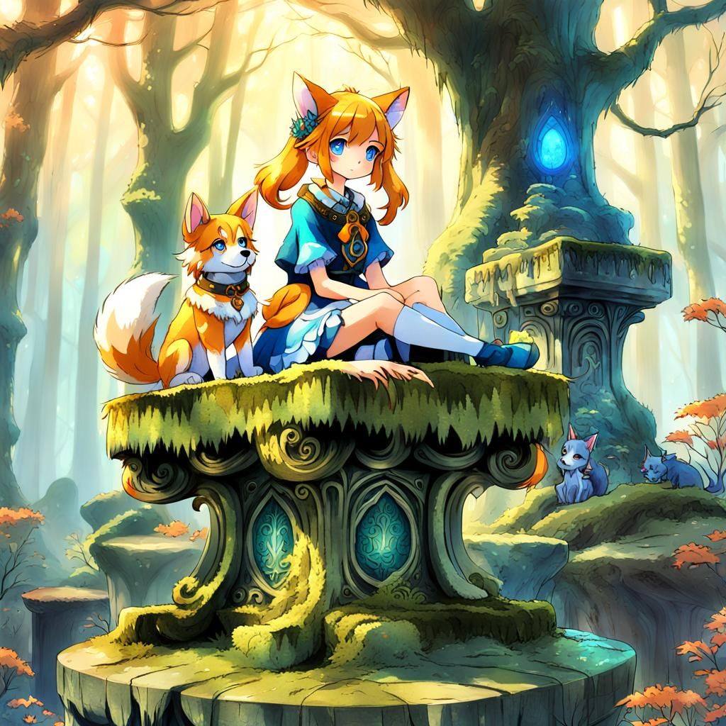 Anime Girl with Dog Features in Mystical Forest
