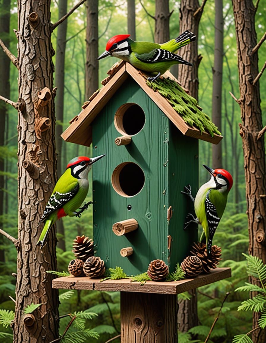 Woodpeckers Building Birdhouse in Forest: Childlike Scene