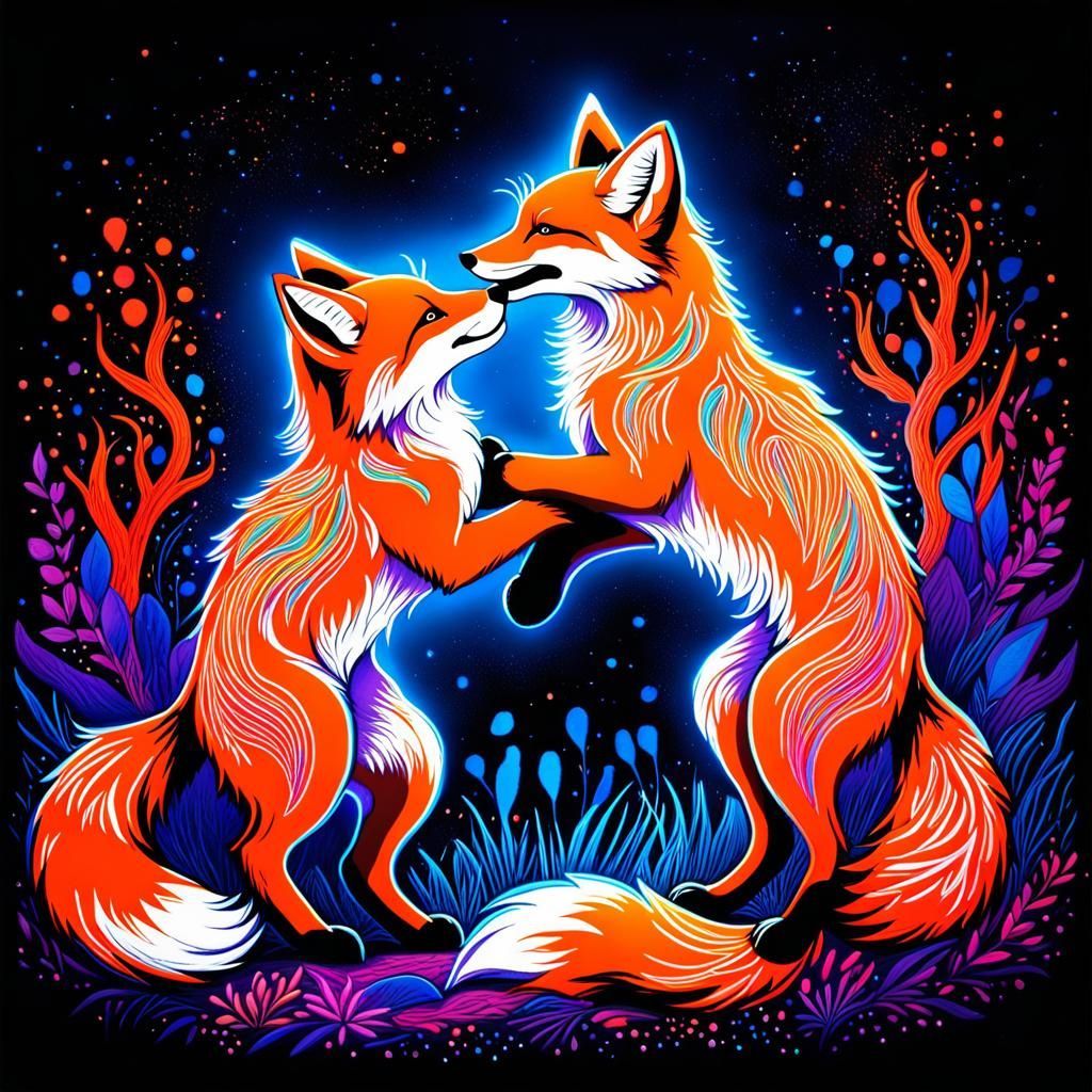 Foxes Wrestling in Neon Oil Pastel Blacklight