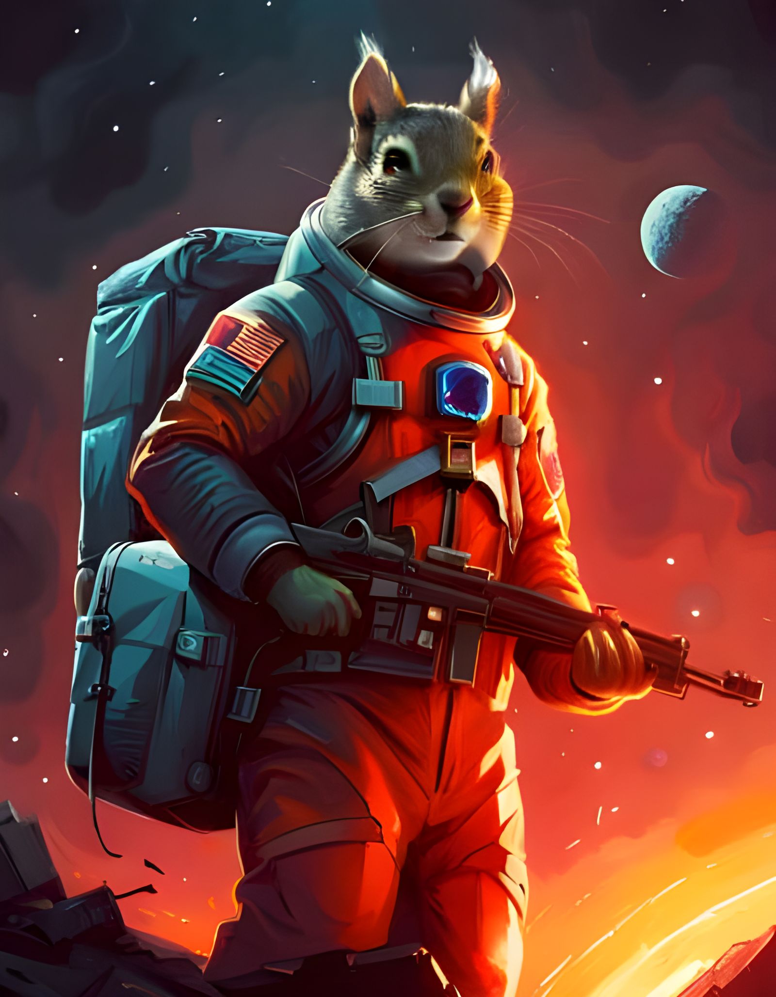 Atompunk Squirrel Astronaut in Space: Hyperdetailed Painting