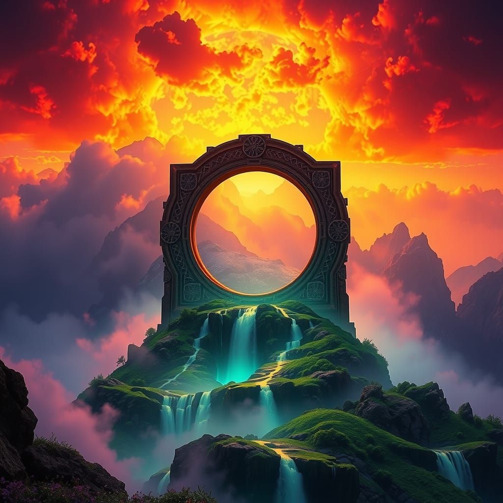 Mystical Stargate on Mountain Peak in Alphonse Mucha Style