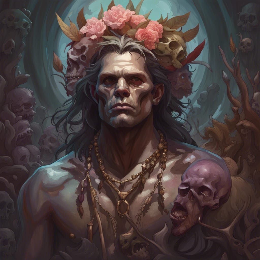 Primal Man Portrait with Belladonna and Skulls
