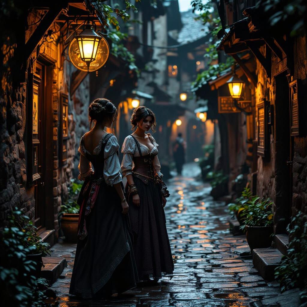 Women in Alleyway Near Tavern, Hyperrealistic HDR Photo