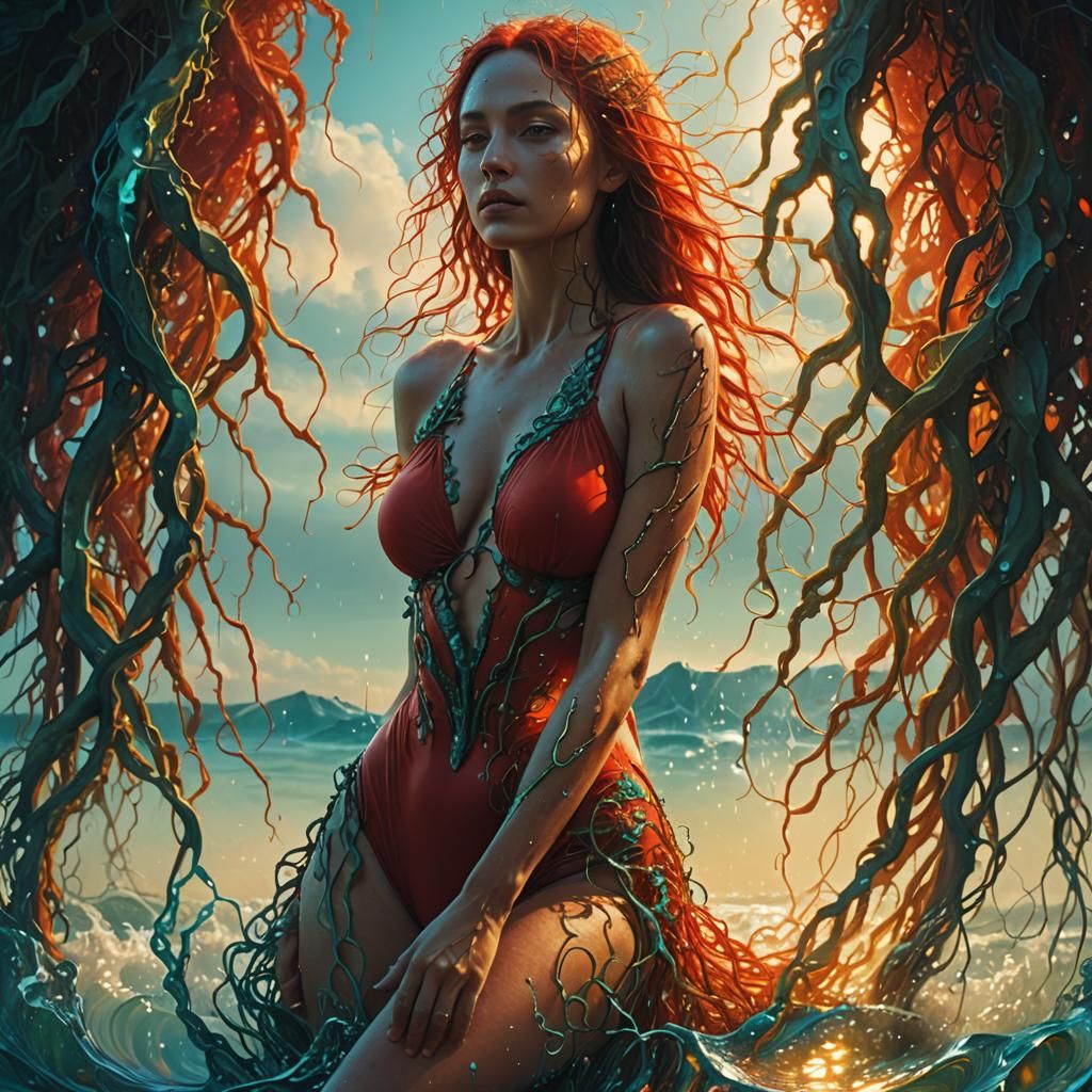 Woman in Red Swimsuit: Detailed Matte Painting