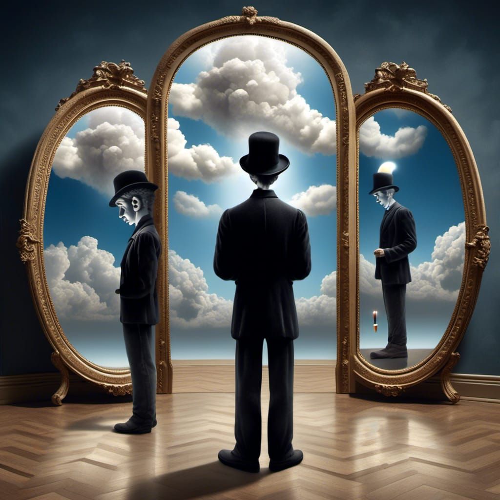 Magritte Bowler Hat Man's Cloudy Reflection