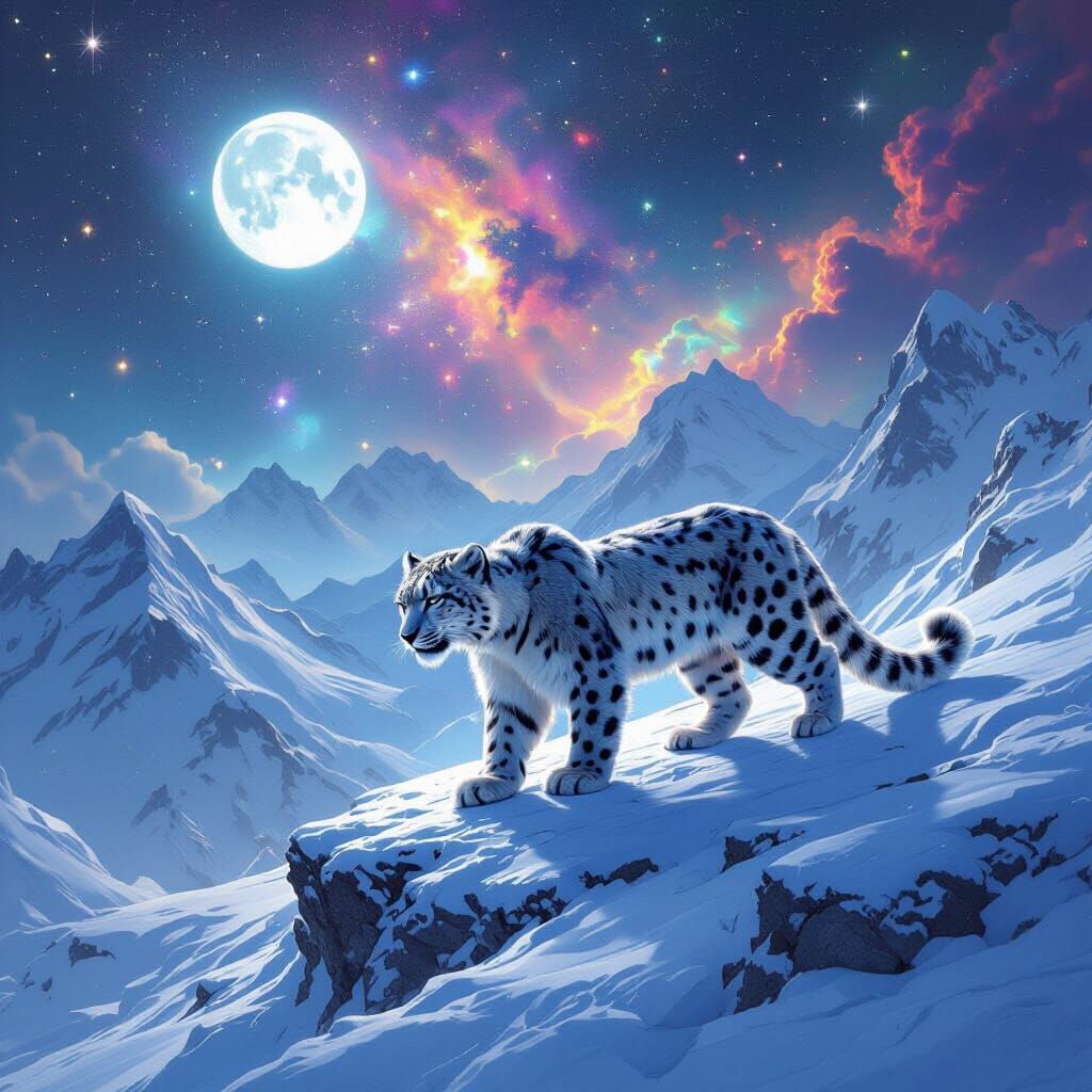 Snow Leopard with Stardust Fur on Cosmic Mountain Peak