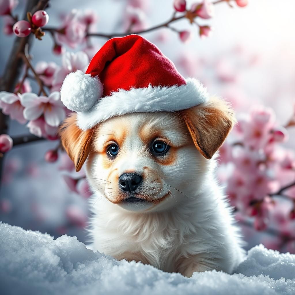 Adorable Puppy in Snow with Cherry Blossom