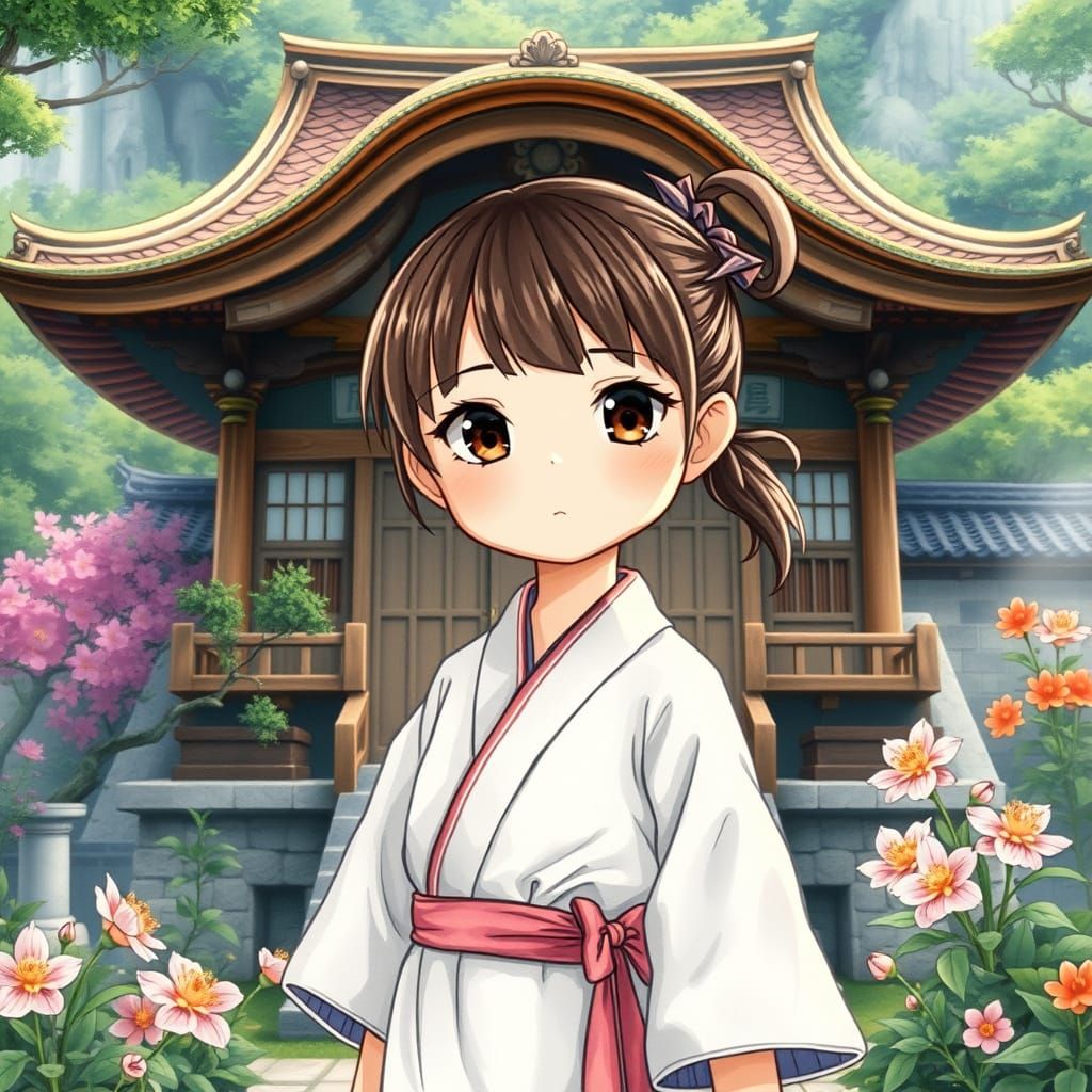 Whimsical Girl Stands Before Ancient Japanese Bathhouse in M...