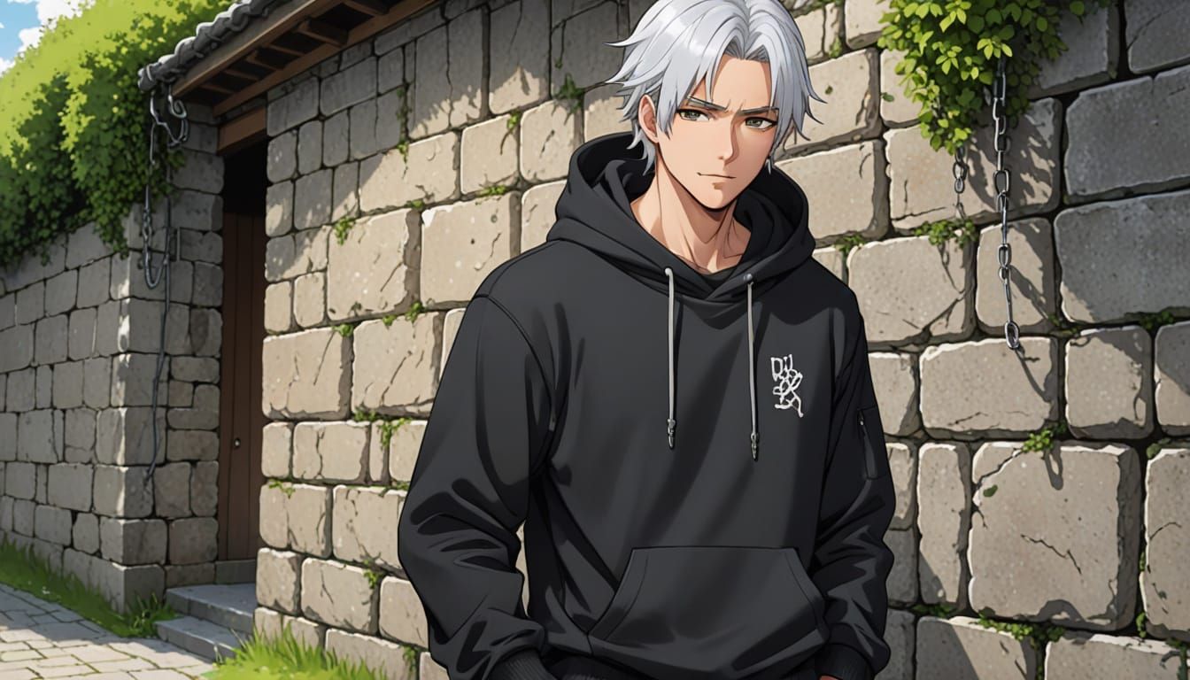 Anime Style Man with White Hair Leaning on Wall