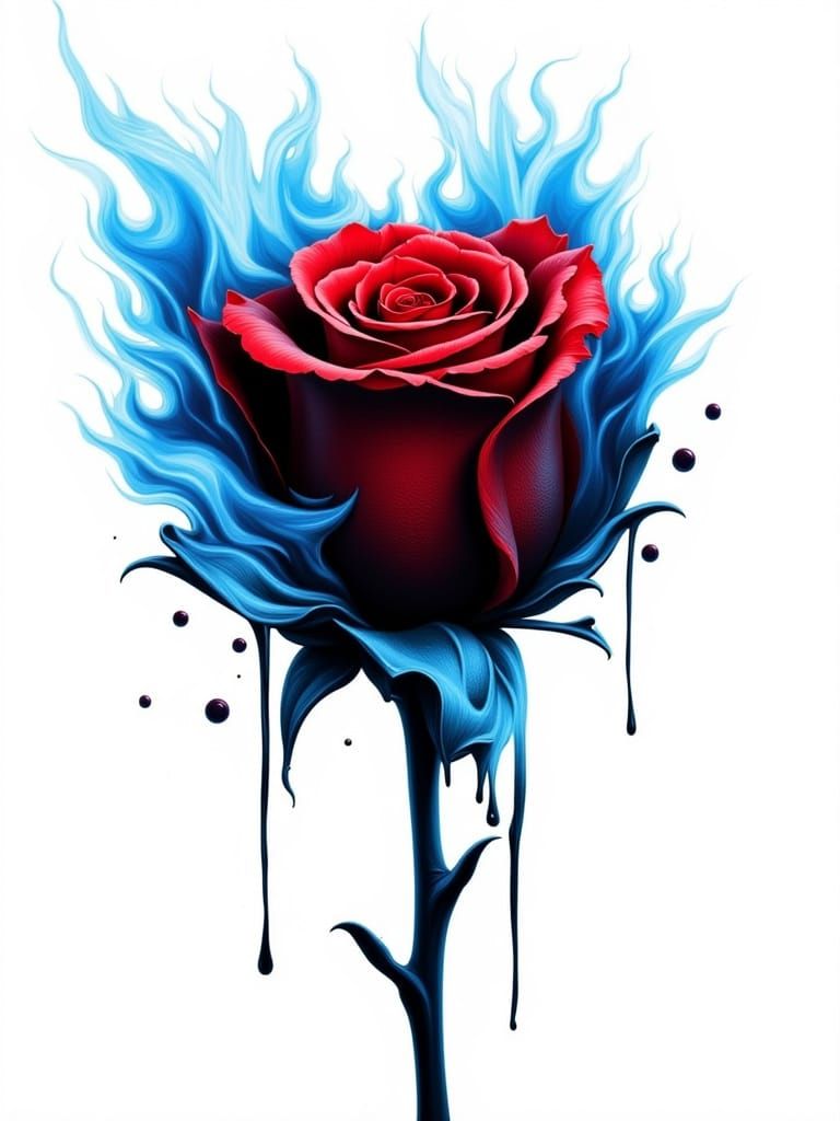 Crimson Rose Splattered with Paint Amidst Blue Fire