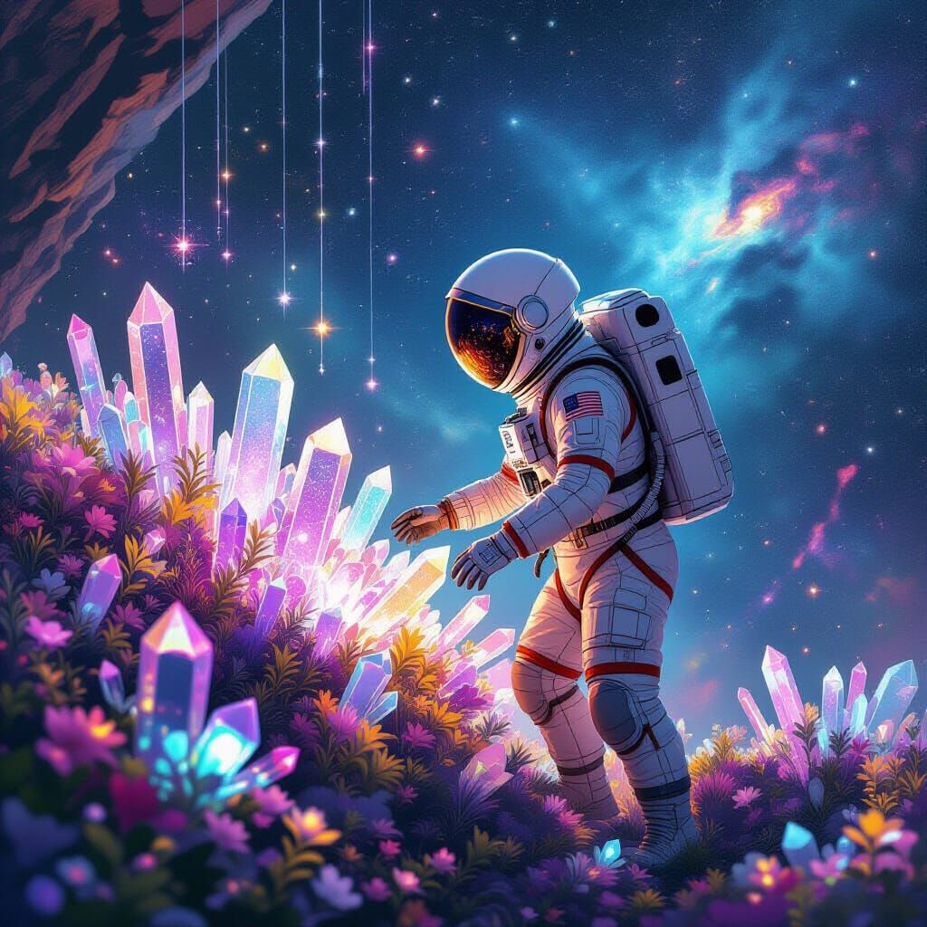 Astronaut Tends Celestial Crystal Garden in Painterly Style