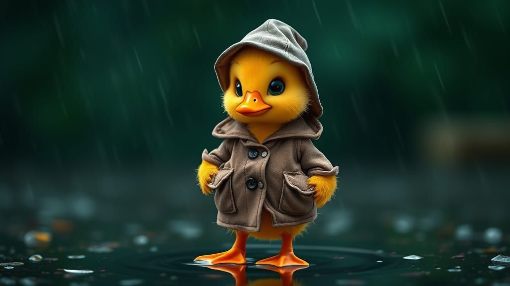 Charming Duckling in Raincoat, Hyperrealistic Style