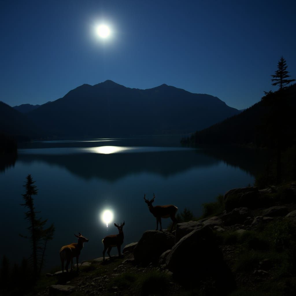 Mountain Lake Illuminated by Full Moonlight