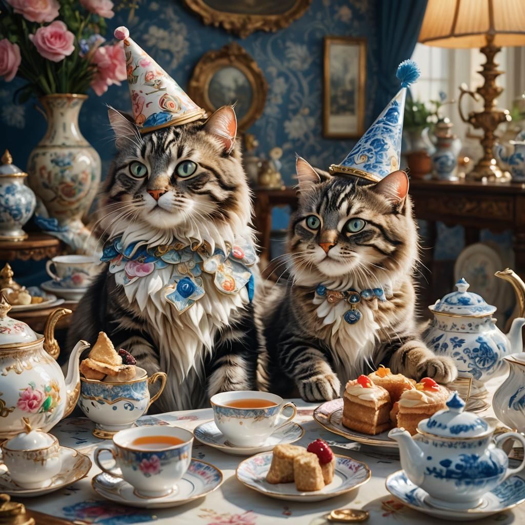 Cats' Lavish Tea Party: Hyperrealistic Concept Art