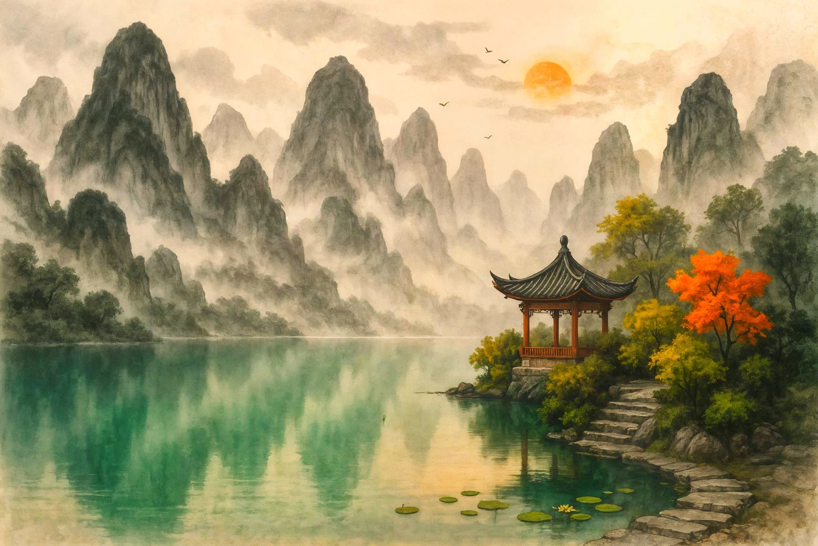 Karst Lake at Sunrise in Shan Shui Style