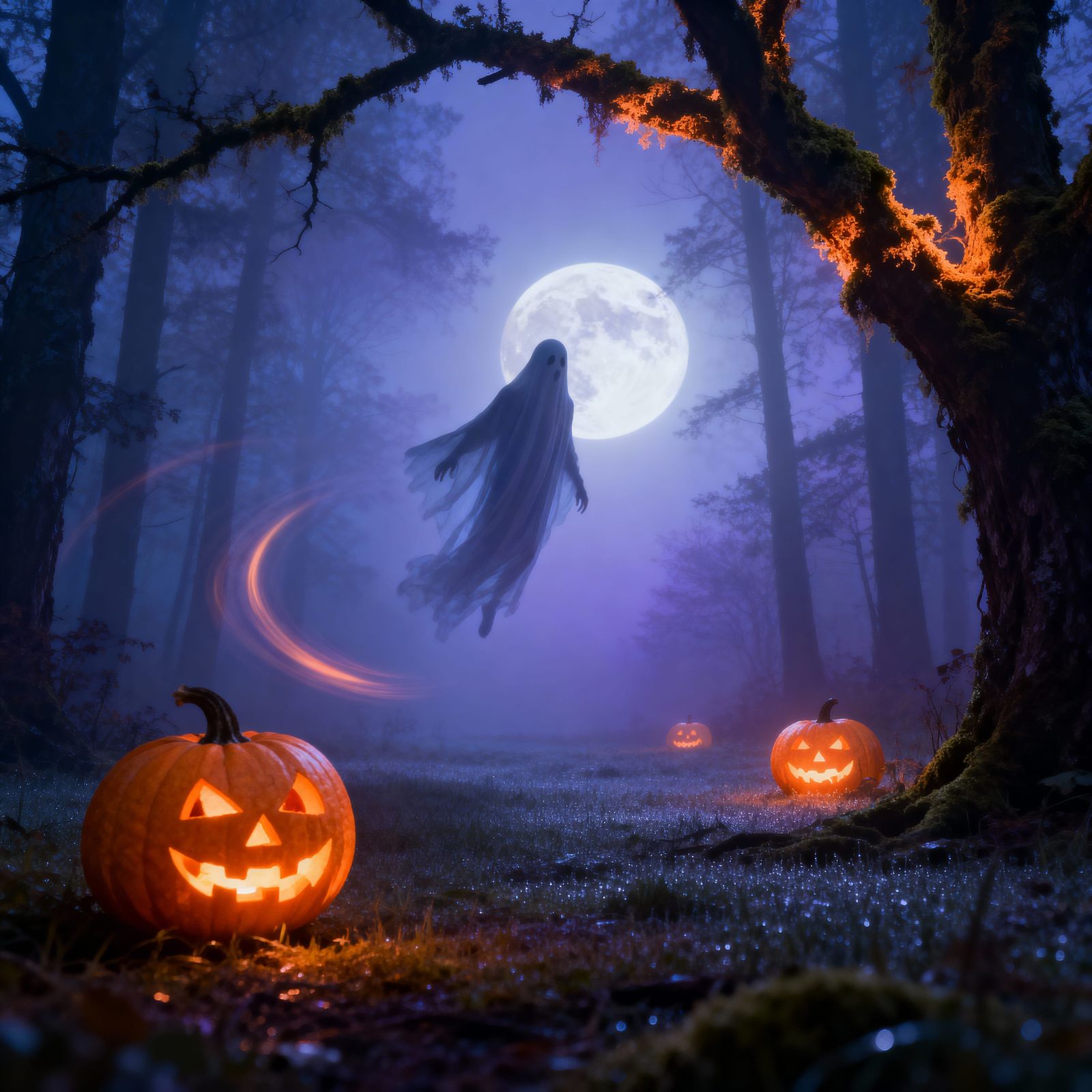 Ethereal Jack-o'-Lanterns in Foggy Forest Under Full Moon